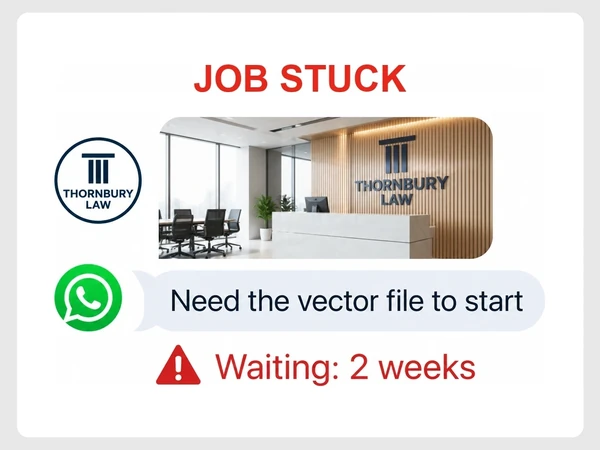 Thornbury Law has a WhatsApp message requesting the vector file after a two-week wait.