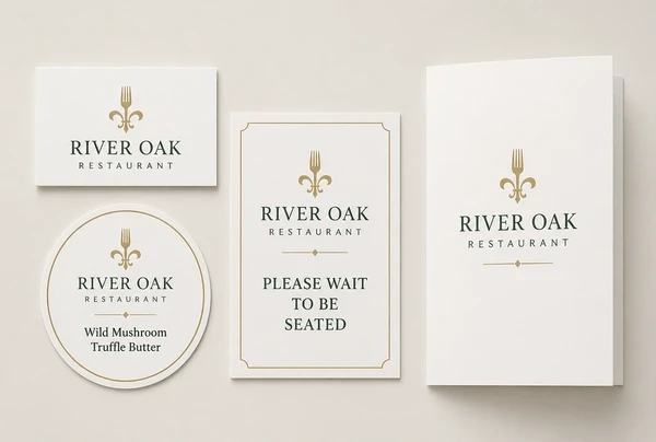 A name card, label, sign panel and leaflet all carrying the same fine dining restaurant logo