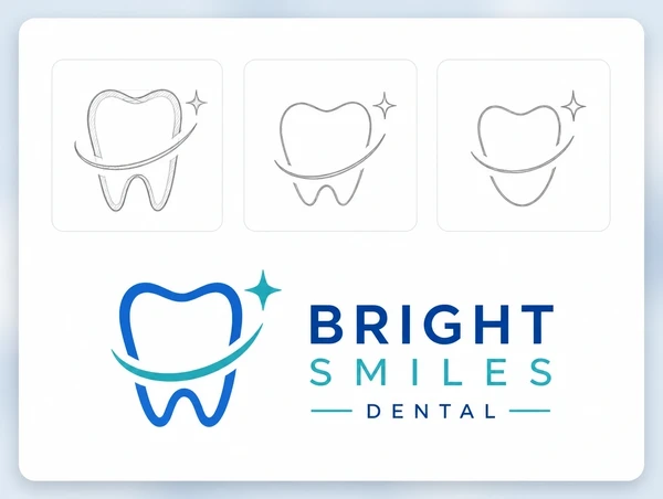 Three pencil sketches above the finished approved dental practice logo on a presentation board