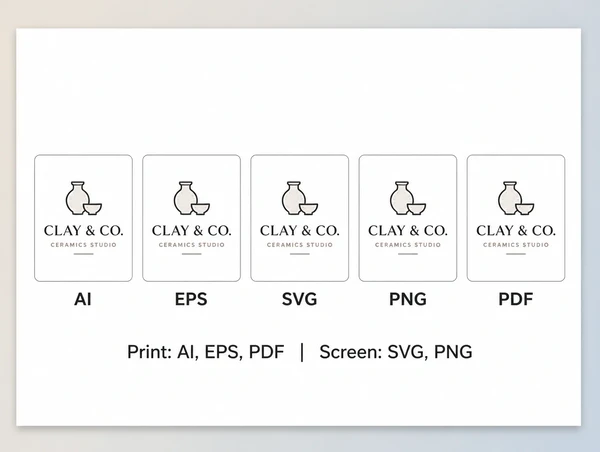 A printed handover sheet showing the ceramics studio logo in five named file formats