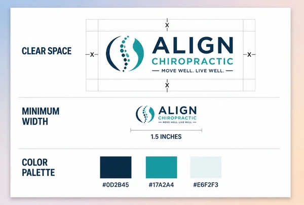 A printed logo usage sheet for a chiropractic clinic showing clear space, minimum size and colour codes