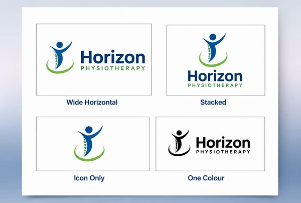 A printed sheet showing four physiotherapy practice logo versions: wide, stacked, icon only and one colour