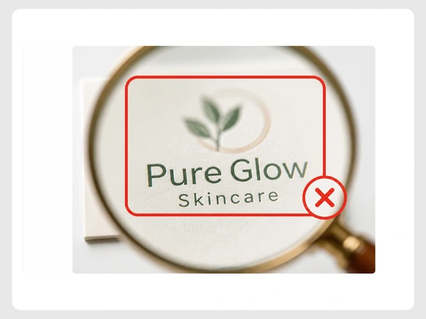 Pure Glow Skincare shows a blurred, soft business card logo beneath a magnifying glass and red cross.