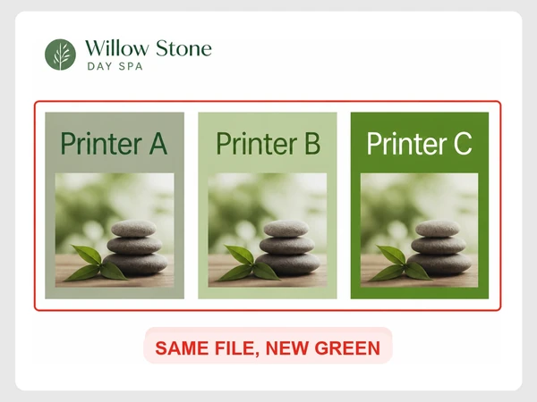 Willow Stone Day Spa shows Printer A, Printer B, and Printer C swatches in three different greens.