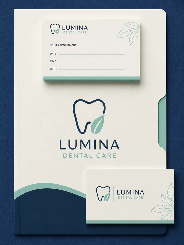 A tall stack of an appointment card, a folder and a name card carrying one clinic logo