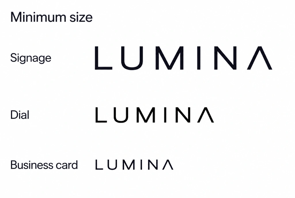 A sheet headed Minimum size showing a watch brand wordmark at three widths with labels