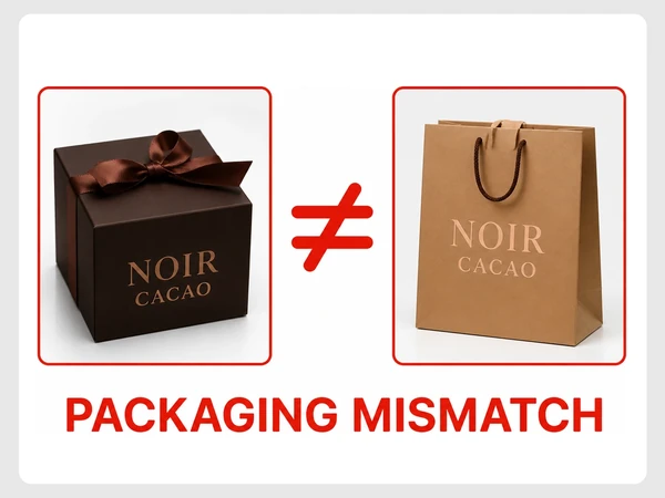 Noir Cacao shows its logo in dark brown on a gift box and pale orange-brown on a bag.