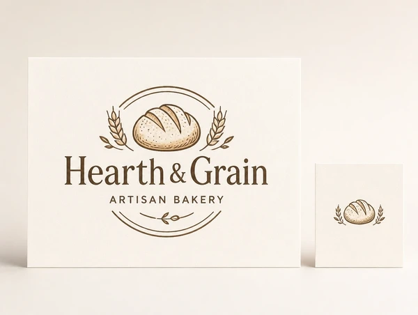 A finished artisan bakery logo printed large beside its icon shown small on a plain card