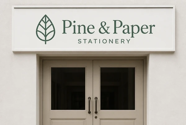A finished stationery brand logo fitted to a shopfront sign, shown straight on
