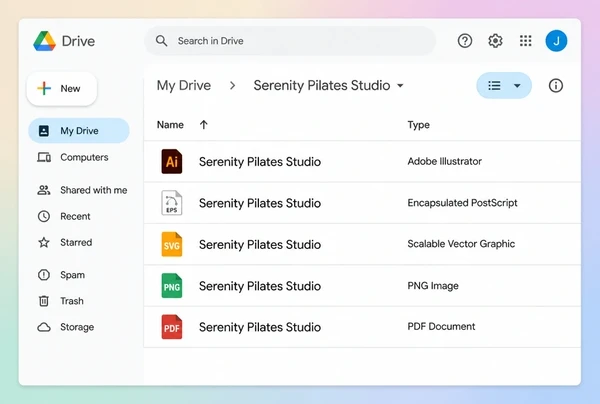 A Google Drive folder listing the finished pilates studio logo files in five formats