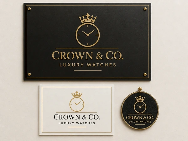 A luxury watches logo shown on a large sign, a printed notice and a small embroidered patch