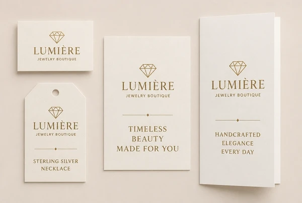 A name card, label, sign panel and leaflet all carrying the same jewellery boutique logo