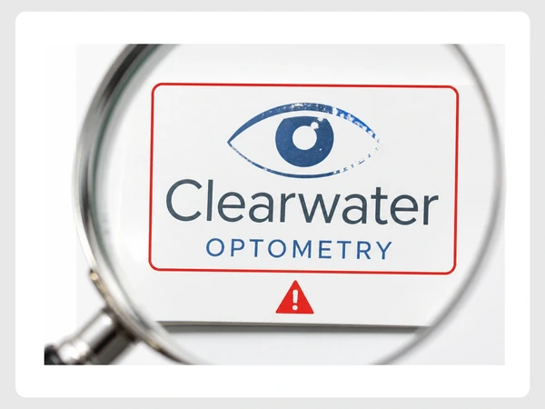 Clearwater Optometry shows thin logo strokes breaking up on a business card beneath a magnifying glass.
