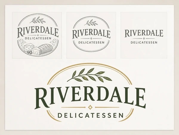 Three pencil sketches above the finished approved delicatessen logo on a presentation board