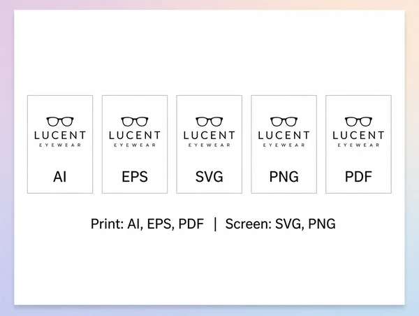 A printed handover sheet showing the eyewear brand logo in five named file formats