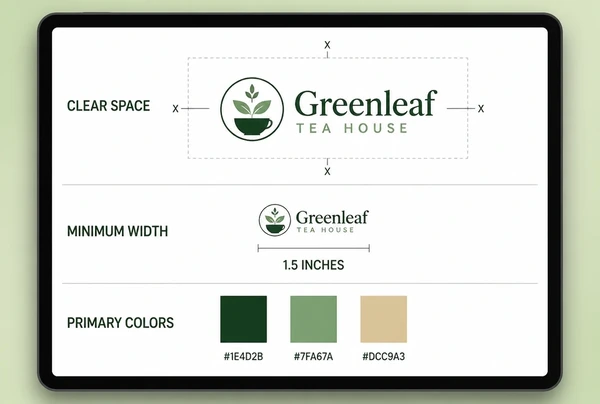 A printed logo usage sheet for a tea house showing clear space, minimum size and colour codes