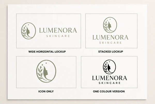 A printed sheet showing four skincare brand logo versions: wide, stacked, icon only and one colour