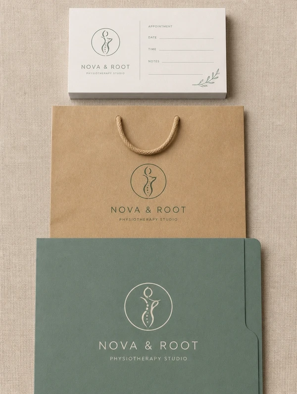 A tall stack of an appointment card, a paper bag and a folder carrying one studio logo