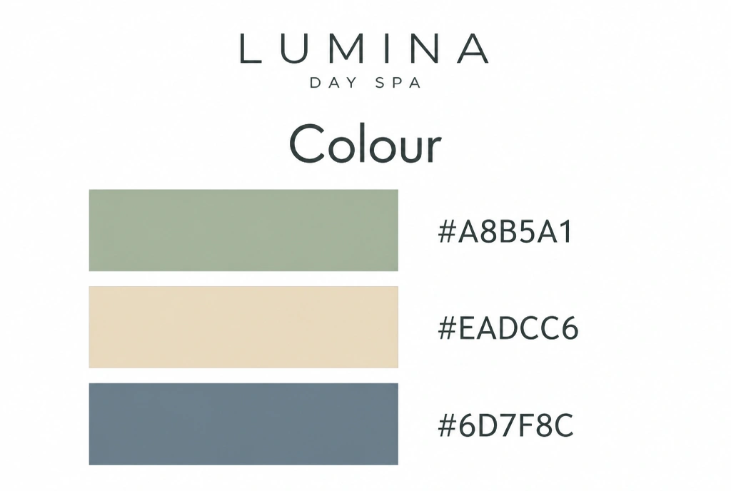 A brand colour sheet with three large swatches and hex codes beside a day spa logo