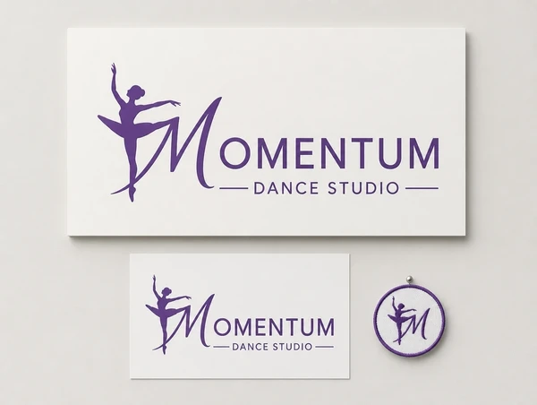 A dance studio logo shown on a large sign, a printed notice and a small embroidered patch