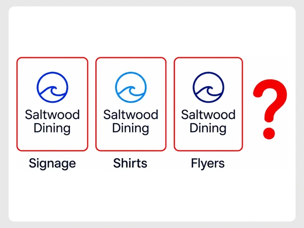 Saltwood Dining shows its logo in different blues across Signage, Shirts, and Flyers.