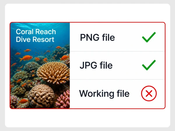 Coral Reach Dive Resort receives PNG and JPG files while the Working file row has a red cross.