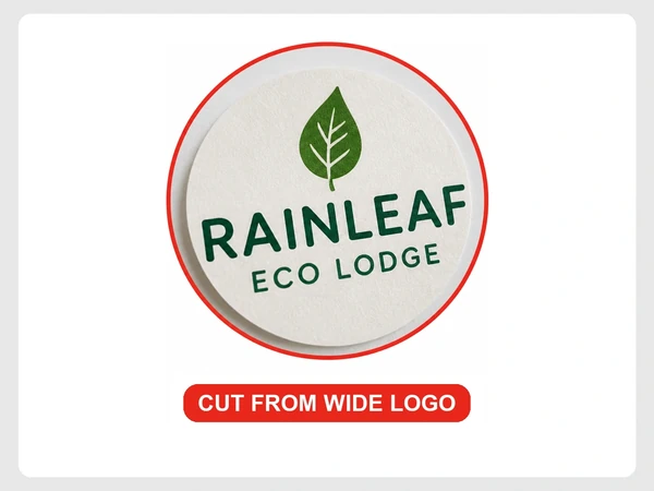 Rainleaf Eco Lodge shows its wide logo cut off at both ends on a round sticker.