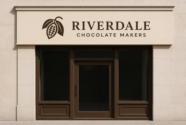 A finished chocolate maker logo fitted to a shopfront sign, shown straight on