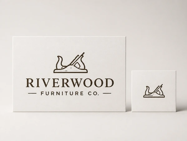 A finished furniture maker logo printed large beside its icon shown small on a plain card