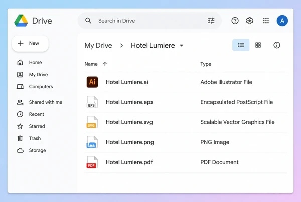 A Google Drive folder listing the finished boutique hotel logo files in five formats