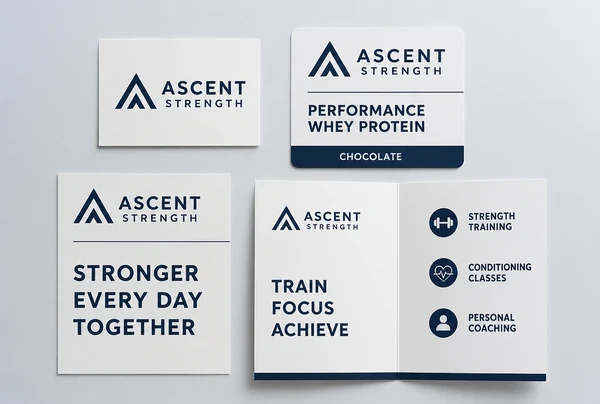 A name card, label, sign panel and leaflet all carrying the same boutique gym logo