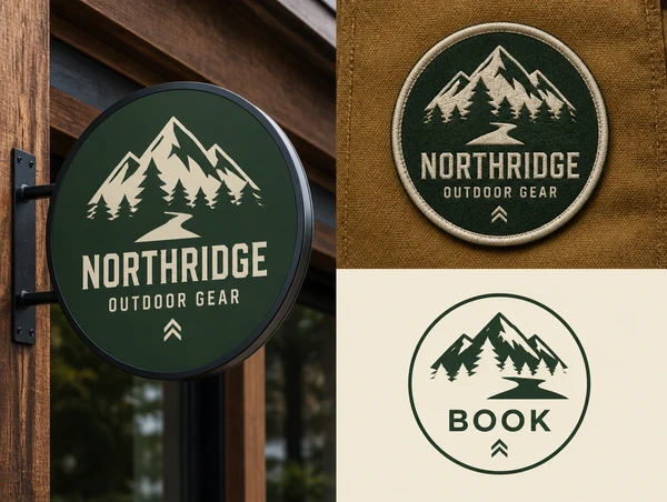 An outdoor gear brand logo presentation board showing the logo on a sign, a patch and a booking icon