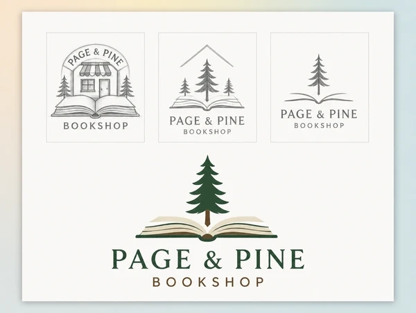 Three pencil sketches above the finished approved bookshop logo on a presentation board