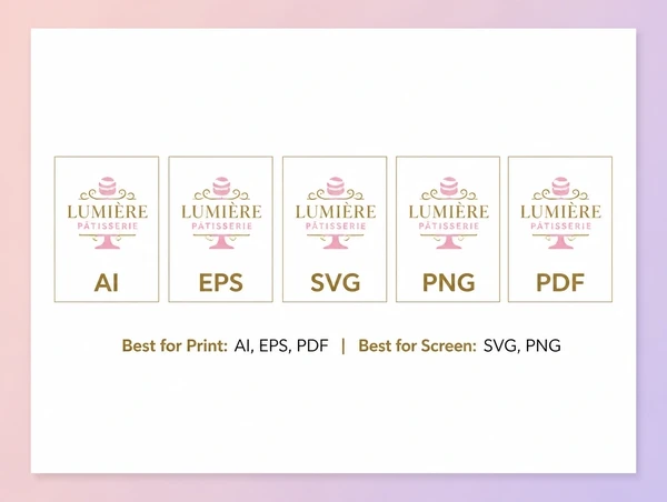A printed handover sheet showing the patisserie logo in five named file formats