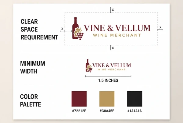 A printed logo usage sheet for a wine merchant showing clear space, minimum size and colour codes