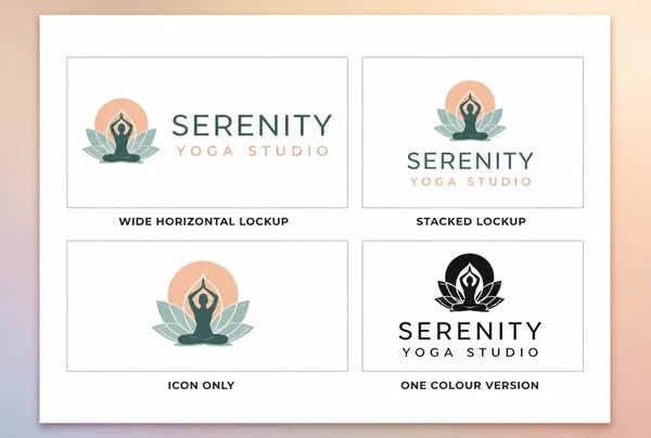 A printed sheet showing four yoga studio logo versions: wide, stacked, icon only and one colour