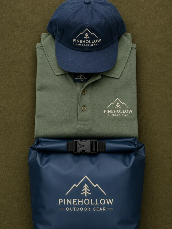 A tall stack of a garment, a cap and a bag carrying one stitched logo