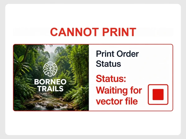 Borneo Trails shows a print order waiting for a vector file beside a red stop square.