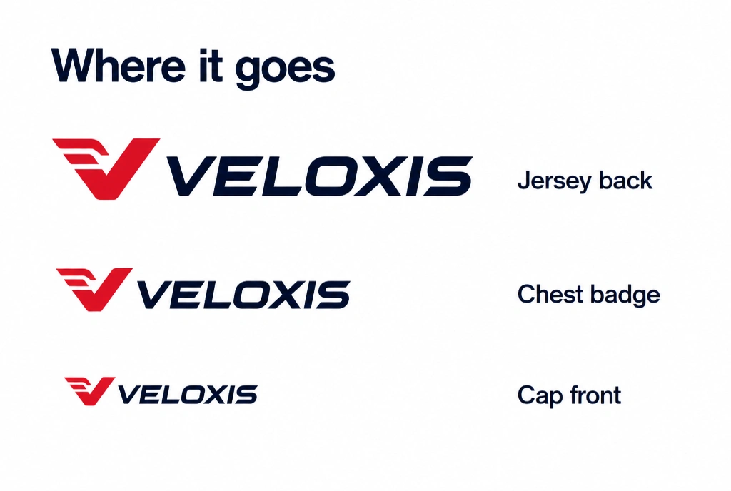 A placement sheet showing one cycling logo at jersey, chest badge and cap widths