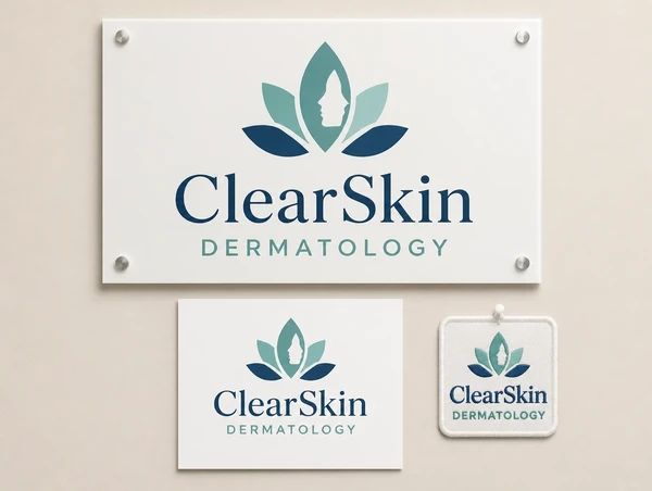 A dermatology clinic logo shown on a large sign, a printed notice and a small embroidered patch
