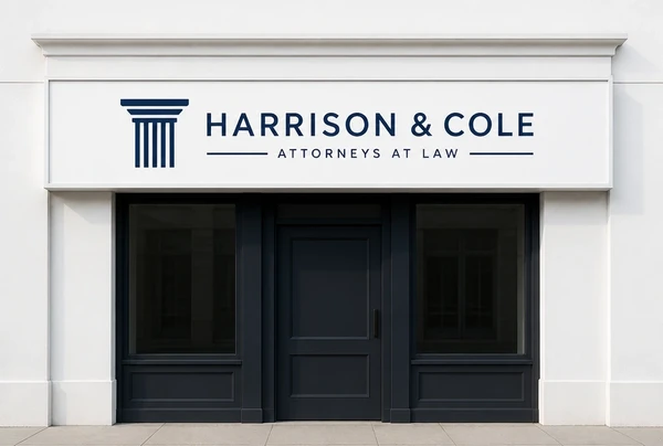 A finished law practice logo fitted to a shopfront sign, shown straight on