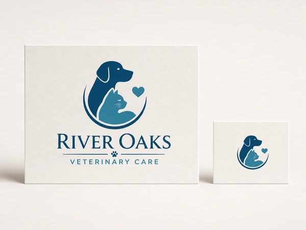 A finished veterinary practice logo printed large beside its icon shown small on a plain card