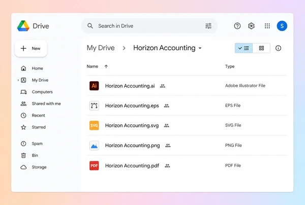 A Google Drive folder listing the finished accountancy practice logo files in five formats