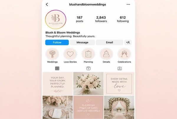 An Instagram profile for a wedding planner using the logo icon as its profile picture