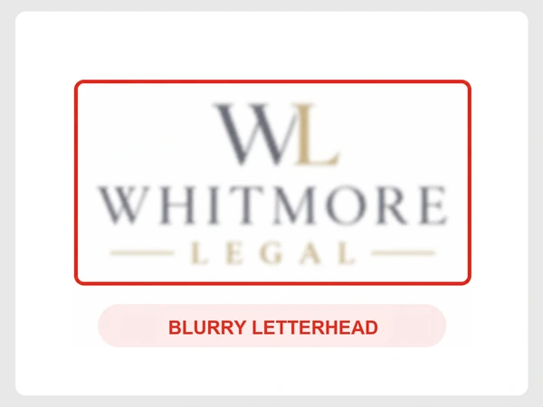 Whitmore Legal printed letterhead shows its logo blurry and soft inside a red outline.