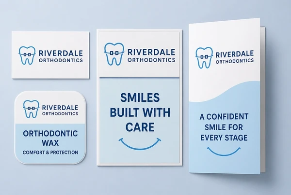 A name card, label, sign panel and leaflet all carrying the same orthodontic practice logo