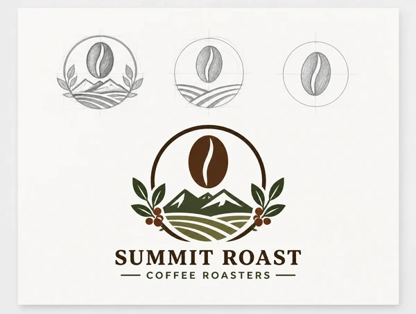 Three pencil sketches above the finished approved coffee roastery logo on a presentation board