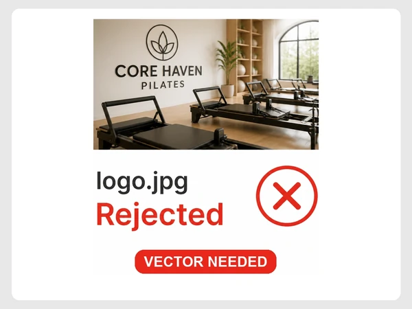 Core Haven Pilates printer upload rejects logo.jpg because a vector file is needed.