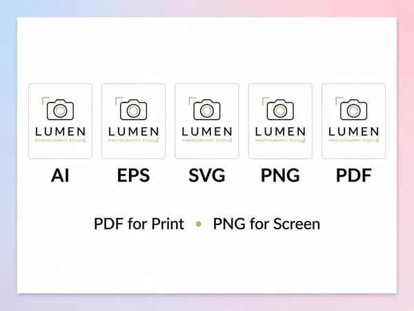 A printed handover sheet showing the photography studio logo in five named file formats