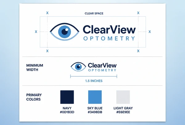 A printed logo usage sheet for an optometry practice showing clear space, minimum size and colour codes